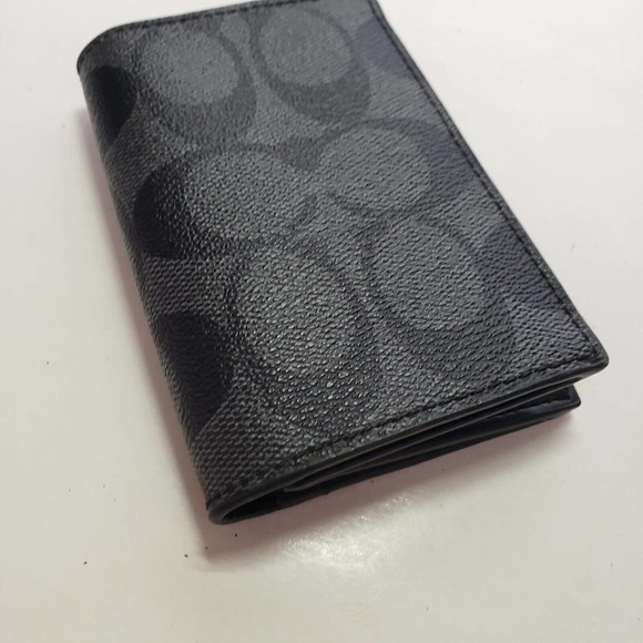 Coach Men's Black Gray Leather Small Bifold Wallet Card Holder Compact Unisex - Picture 9 of 9